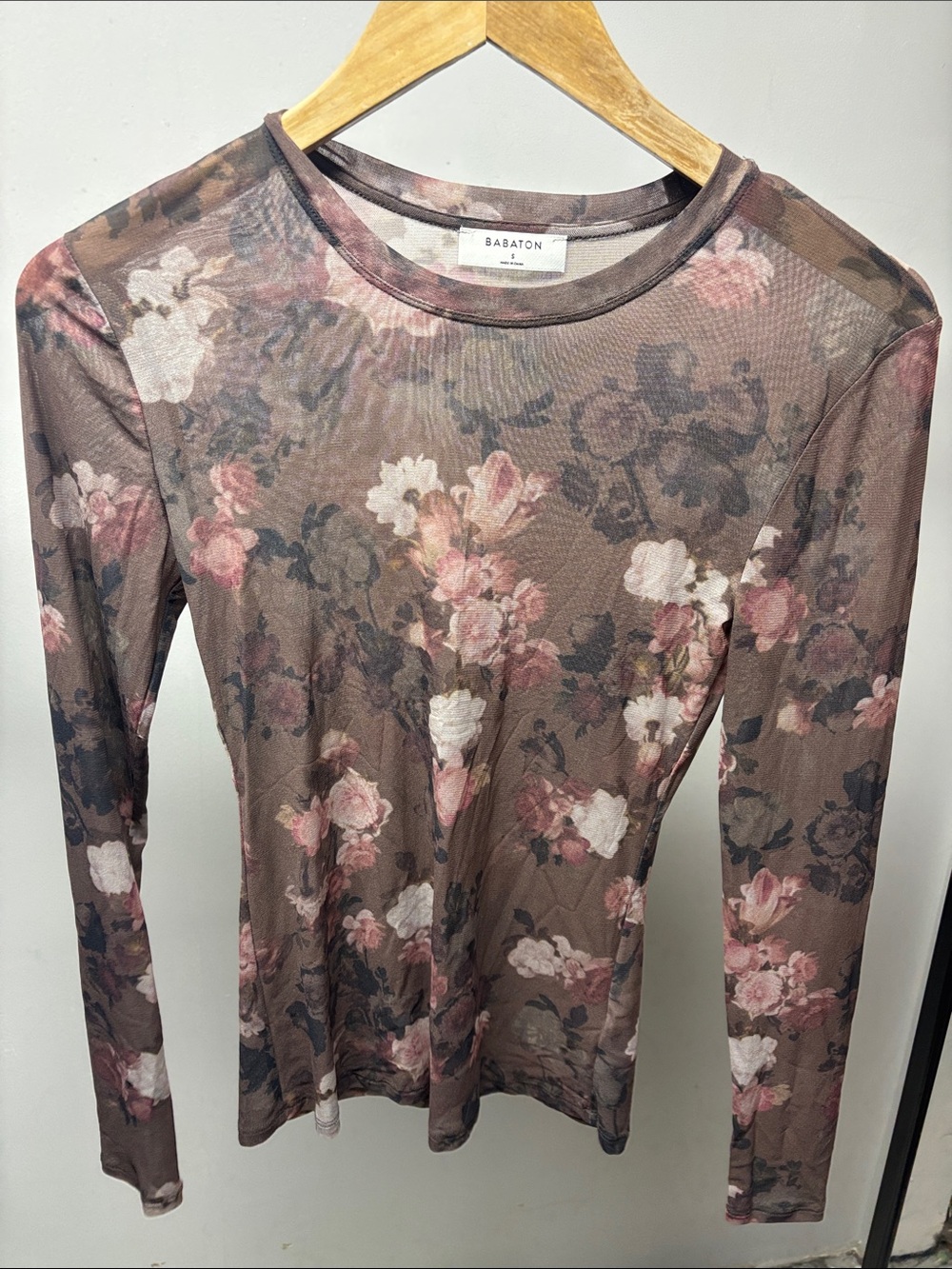 Babaton Brown Floral Mesh Long Sleeve Top with Pink Accents